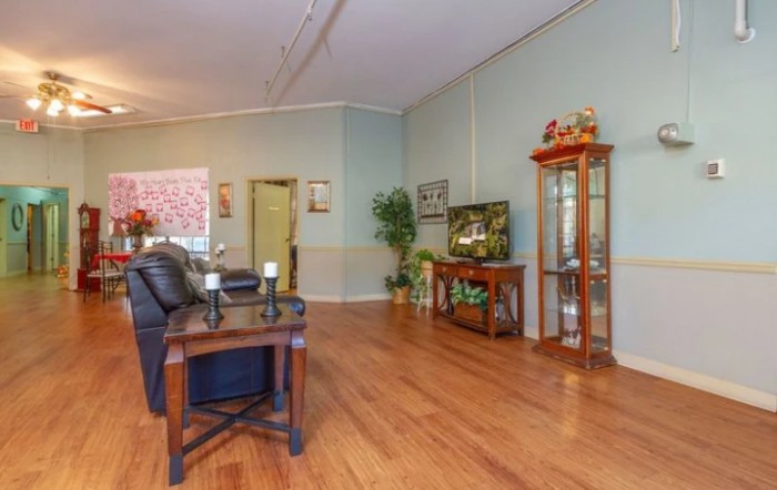 A spacious living room with hardwood floors and green walls, featuring a television, comfortable seating, decorative items, and indoor plants.