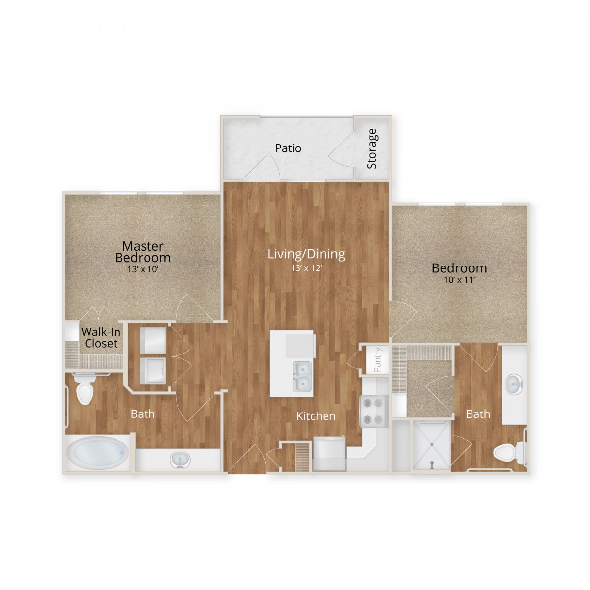 A detailed floor plan of a two-bedroom apartment including a living room, kitchen, bathroom, and balcony.