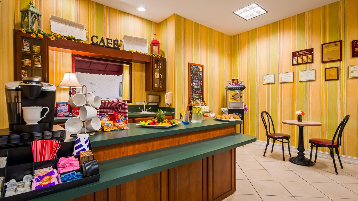 A cozy cafe interior with a counter displaying various food items and coffee cups.
