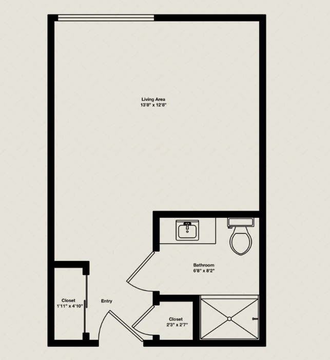 Studio apartment floor plan with bathroom and main living area.