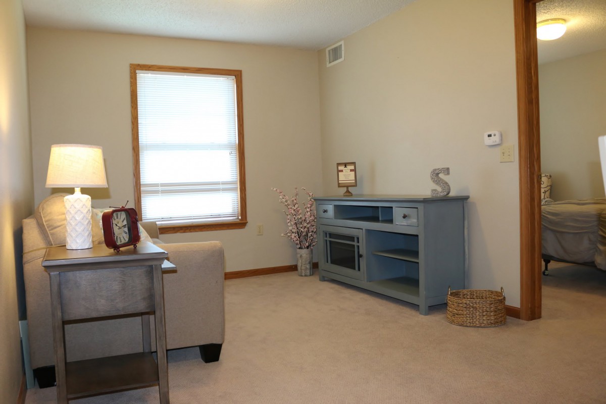 A cozy living room with a sofa, blue cabinet, and a window letting in natural light.