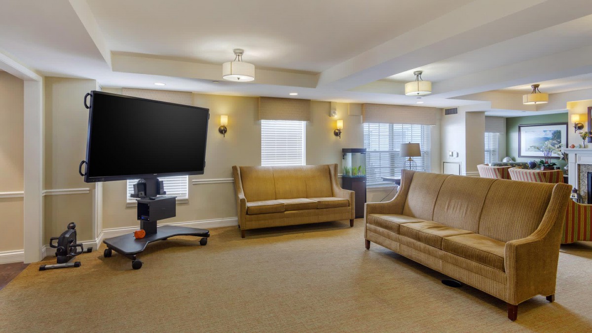 A modern living room with comfortable sofas, a large television, and elegant lighting.