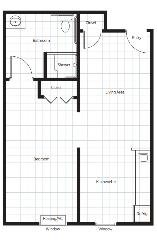 A simple apartment floor plan showing a bedroom, living area, kitchenette, and closet.