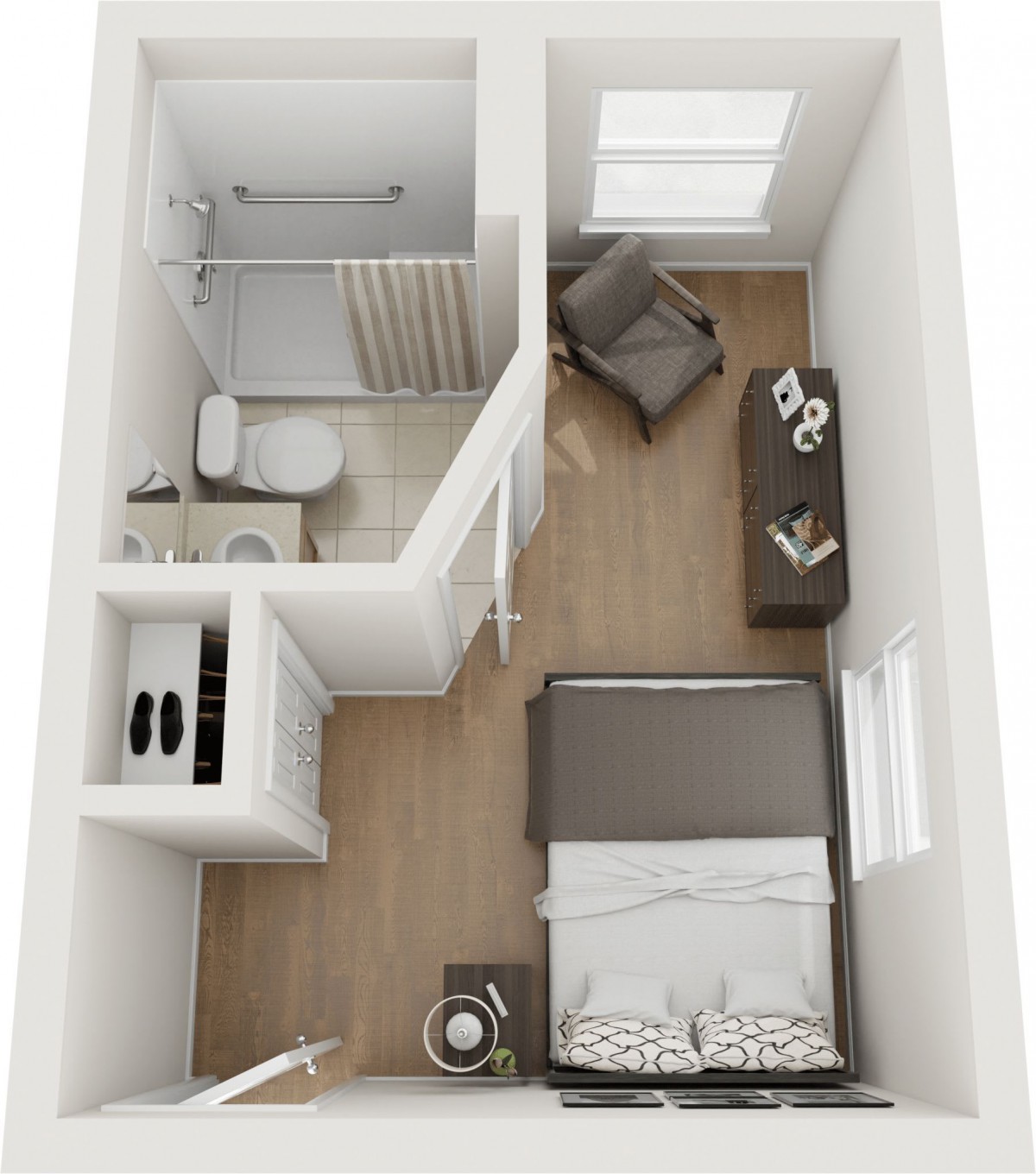 A minimalist floor plan featuring a compact bedroom with an ensuite bathroom.