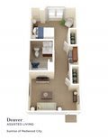 A 3D floor plan of a one-bedroom apartment featuring a living room, kitchen, and bathroom.