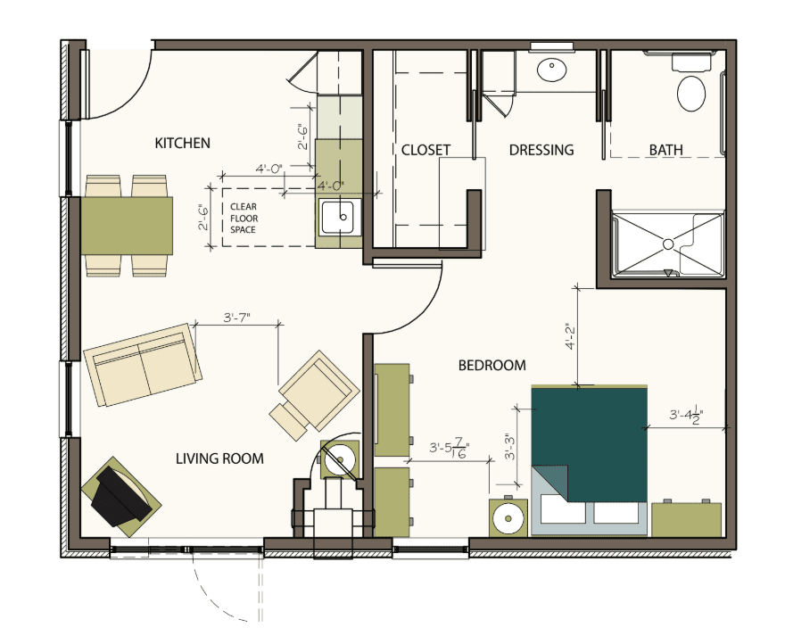 A detailed floor plan of an apartment showing the layout of rooms, including a kitchen, living room, bedroom, and bathroom.
