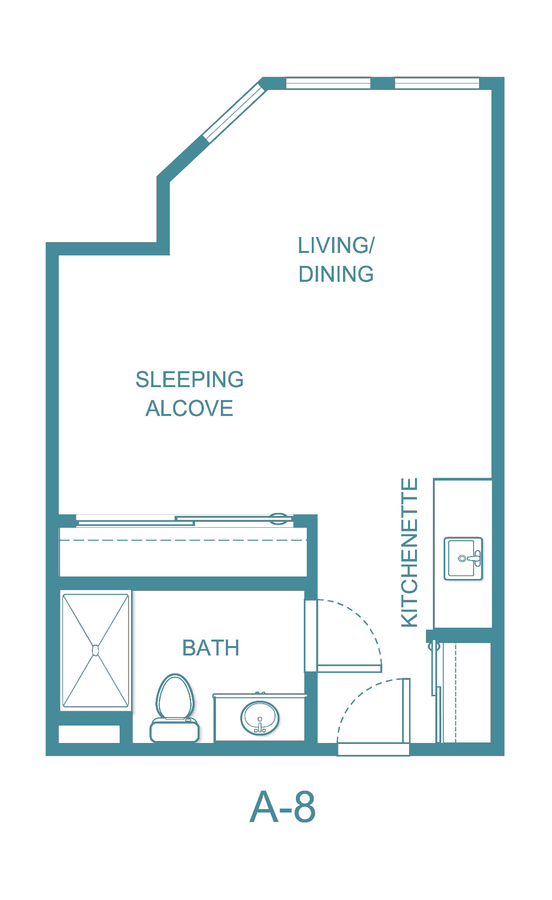 A floor plan of a studio apartment featuring a living/dining area, sleeping alcove, kitchenette, and bathroom.