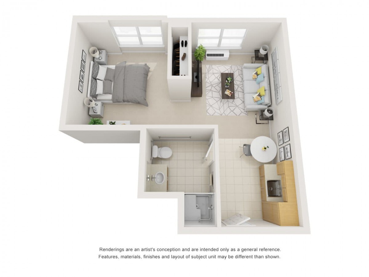 A 3D floor plan of a small apartment featuring a bedroom, bathroom, kitchen, and living area.