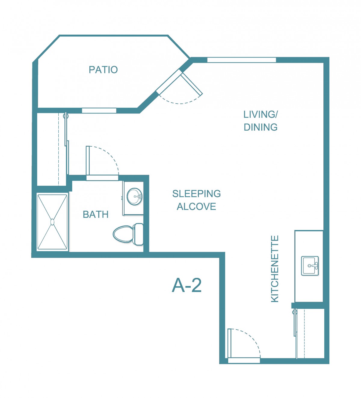 A studio apartment floor plan with a living/dining area, kitchenette, bath, bedroom alcove, and patio.