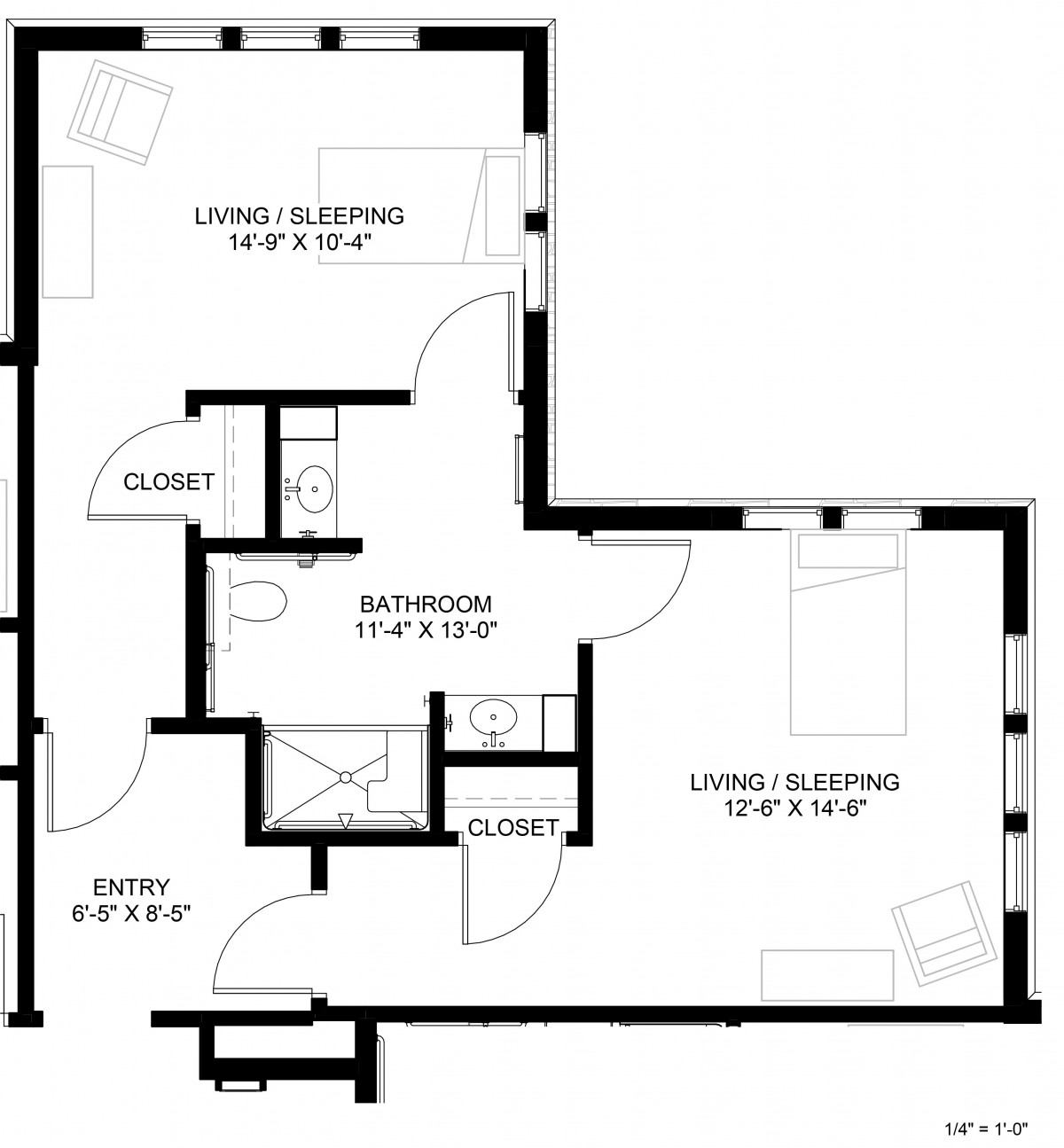 Floor plan of a two-room apartment with living/sleeping areas and a bathroom.