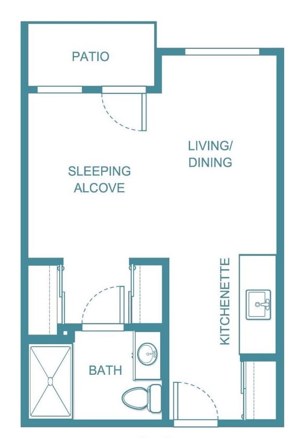 A floor plan of a studio apartment with a kitchenette, sleeping alcove, living/dining area, and bathroom.