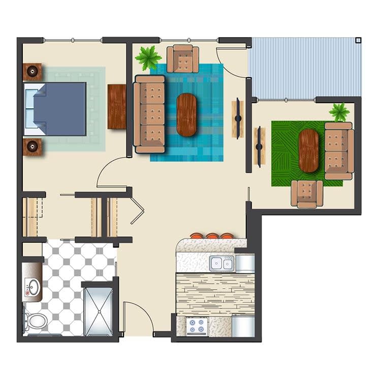 A floor plan of an apartment featuring two bedrooms, a living room, kitchen, and bathroom.