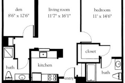 A detailed floor plan of an apartment showing the layout of the rooms.