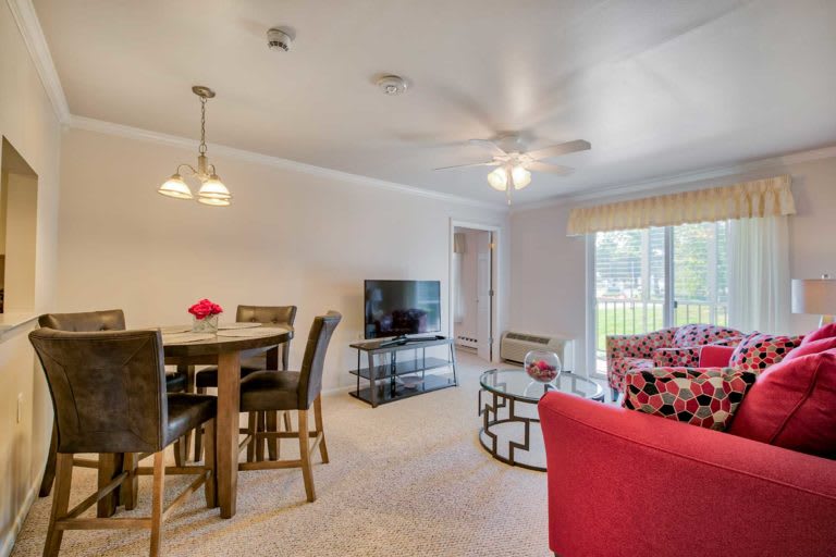 Spacious living and dining area with stylish furniture and natural lighting.