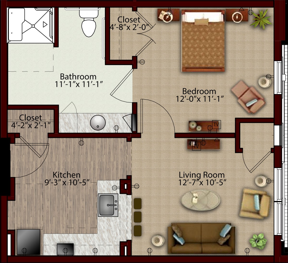 A detailed floor plan of a one-bedroom apartment featuring a kitchen, living room, and bathroom.
