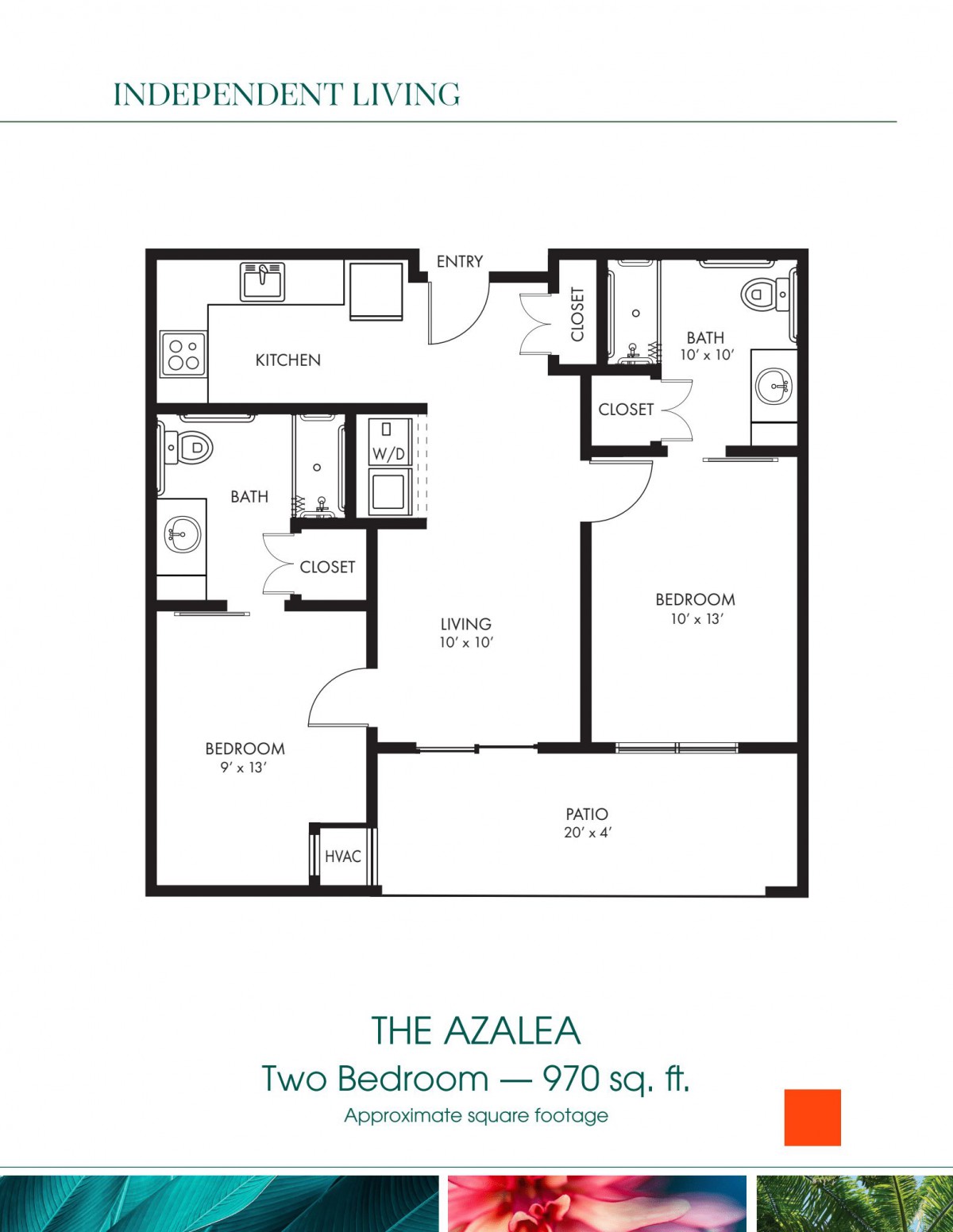 The Azalea: Two-bedroom apartment floor plan with 970 sq. ft.