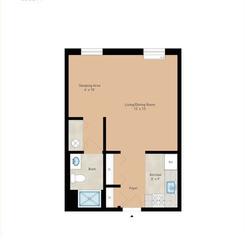 Floor plan of a one-bedroom apartment with labeled rooms.