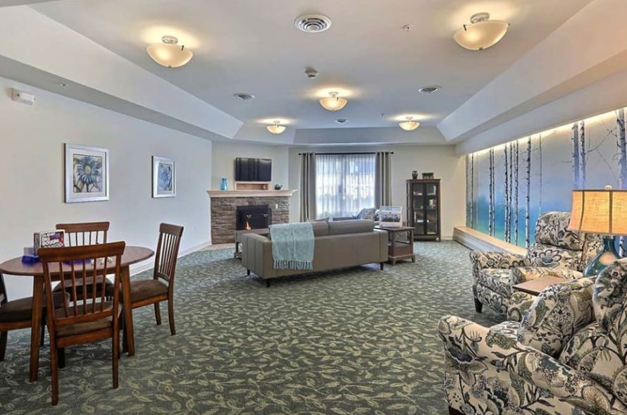 A cozy living room with sofas, a fireplace, and a television.