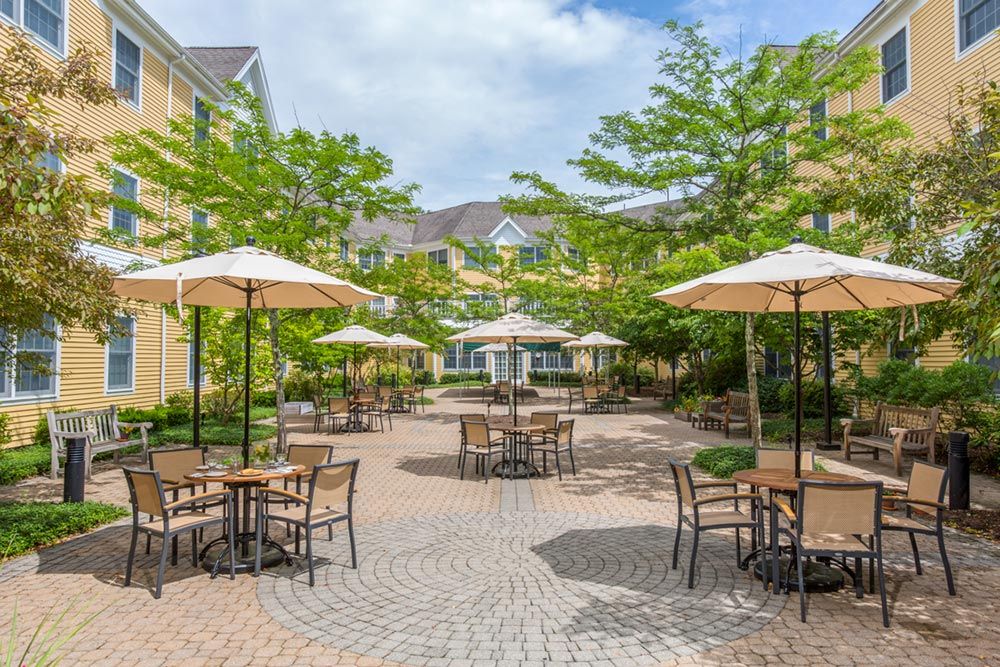 A charming outdoor patio area with tables, chairs, and umbrellas surrounded by lush greenery.