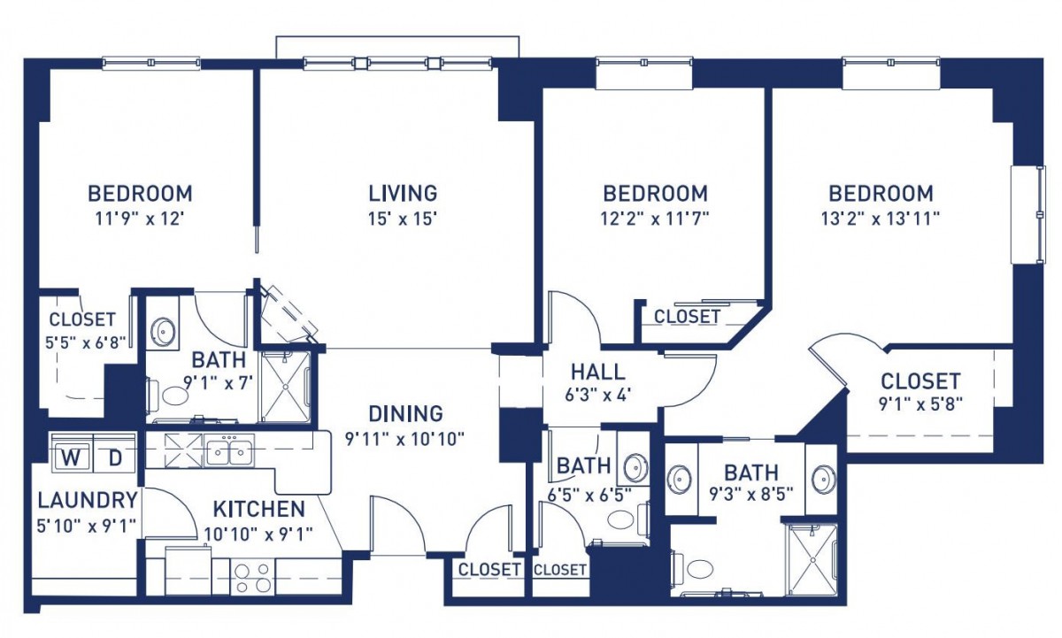 A floor plan of an apartment featuring two bedrooms, a living room, kitchen, dining area, and two bathrooms.