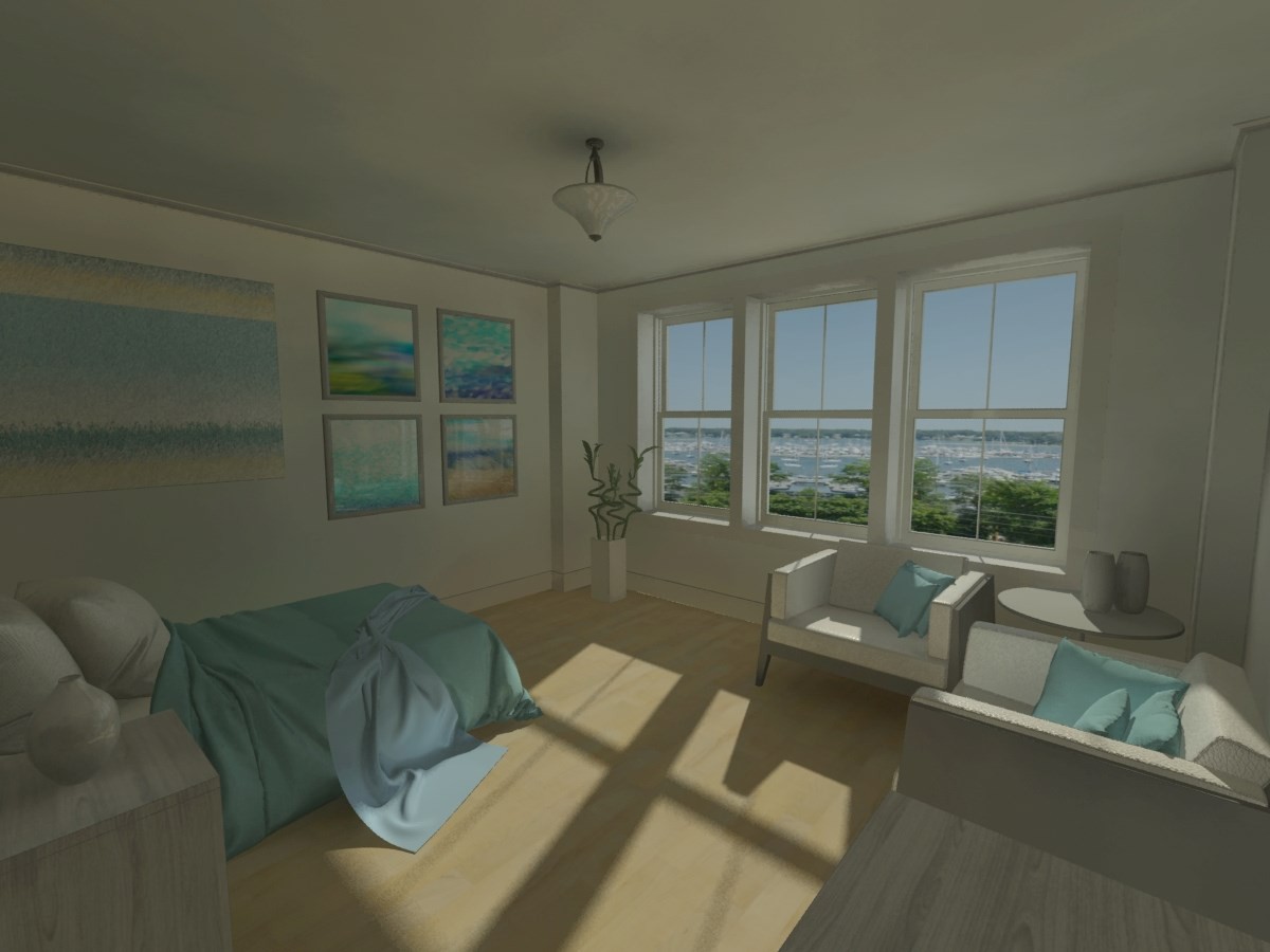 A bright, coastal-themed living room with large windows and beach-inspired artwork.