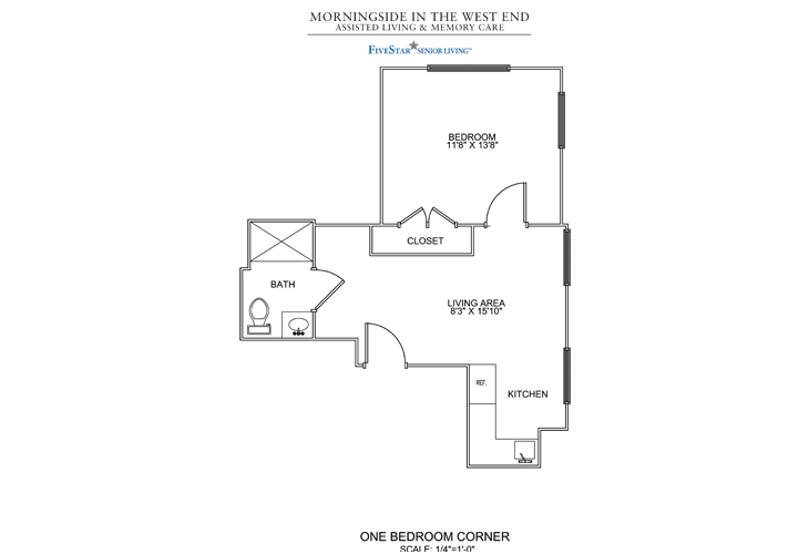 Floor plan of a one-bedroom corner apartment from 'Mansion House in The West End'.