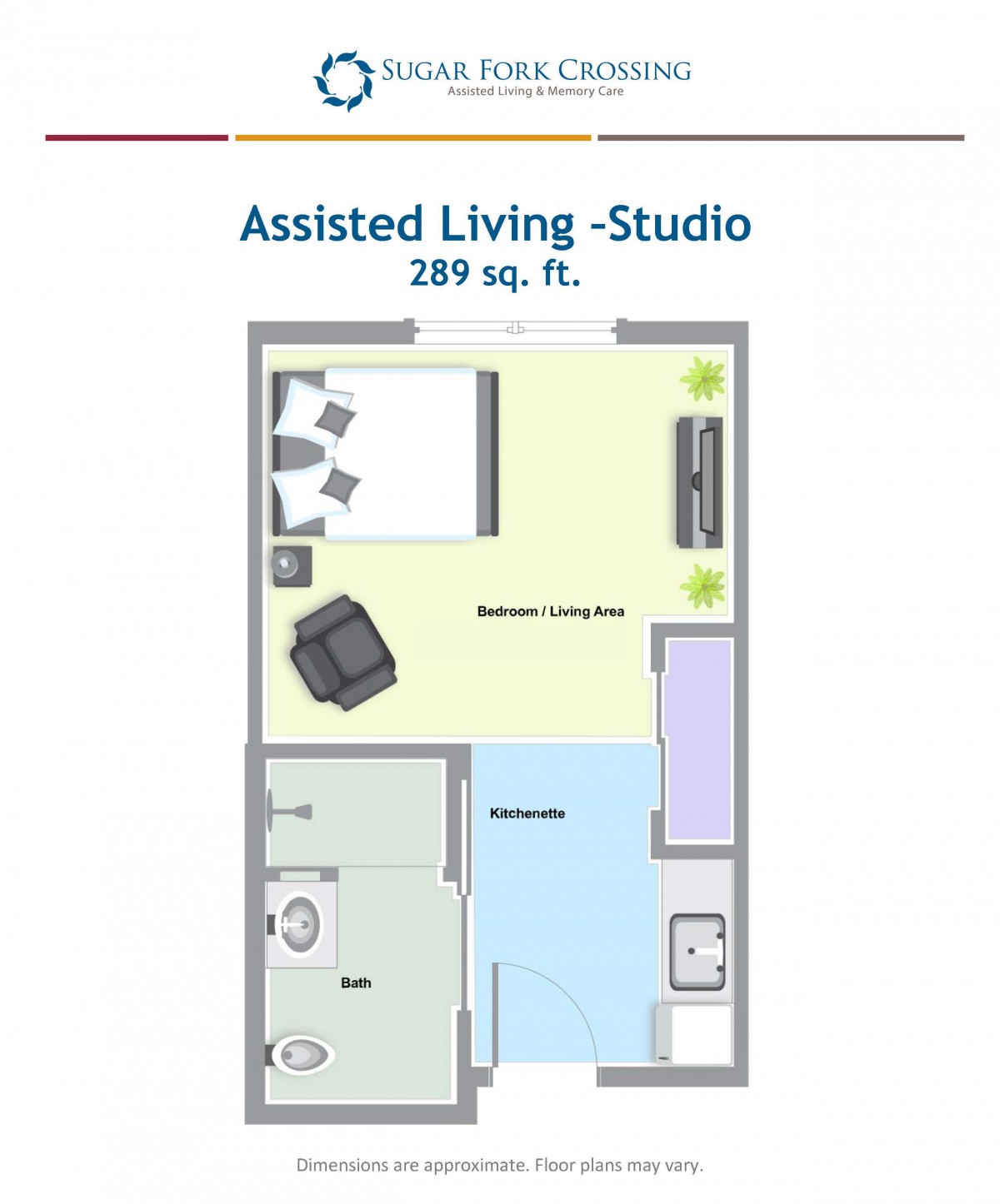 Floor plan of an assisted living studio apartment measuring 289 square feet.