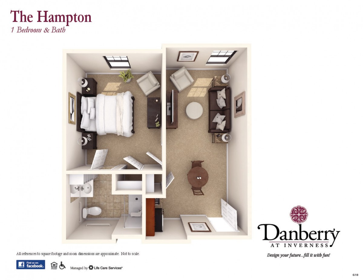 A 3D floor plan of a one-bedroom apartment with detailed furniture layout.