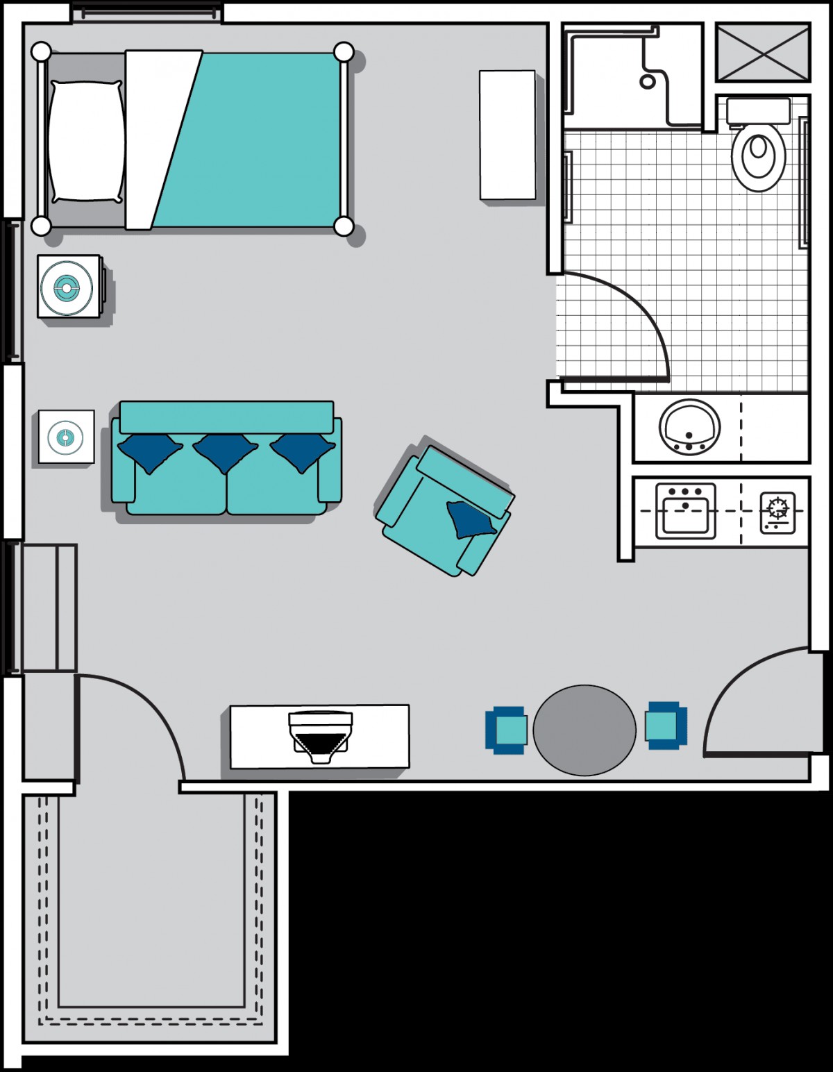 A studio apartment floor plan featuring a combined living and sleeping area, kitchen, and bathroom.