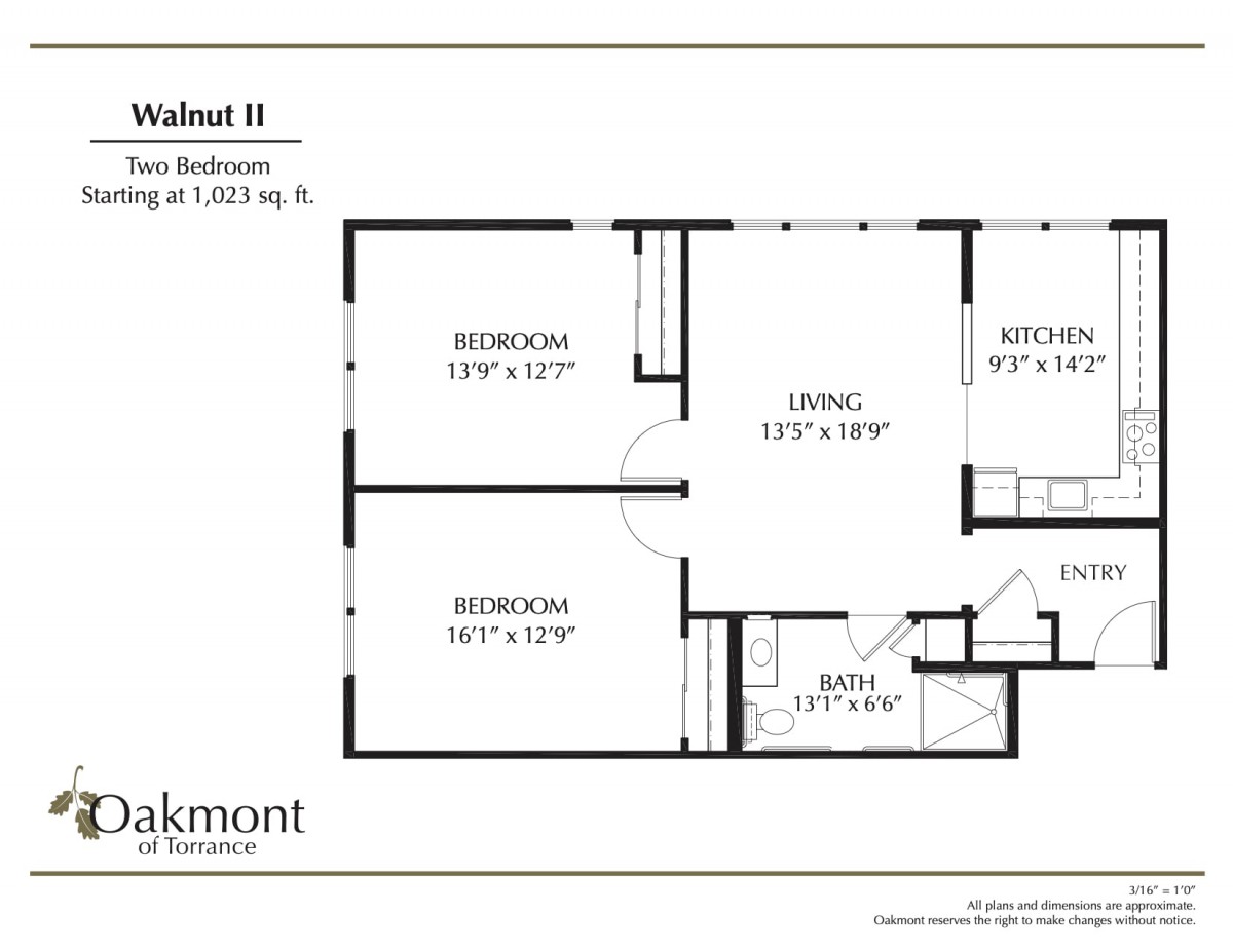Floor plan of a two-bedroom apartment in Parkmont Apartments measuring 1,121 sq ft.