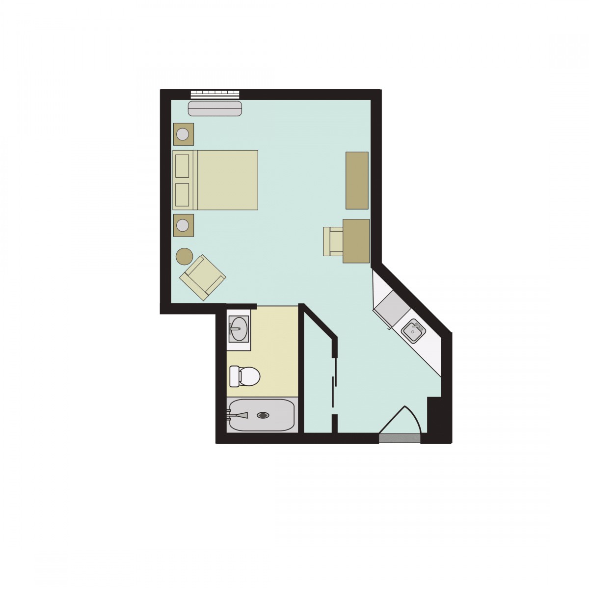 A compact studio apartment floor plan with a bedroom, bathroom, and kitchenette.