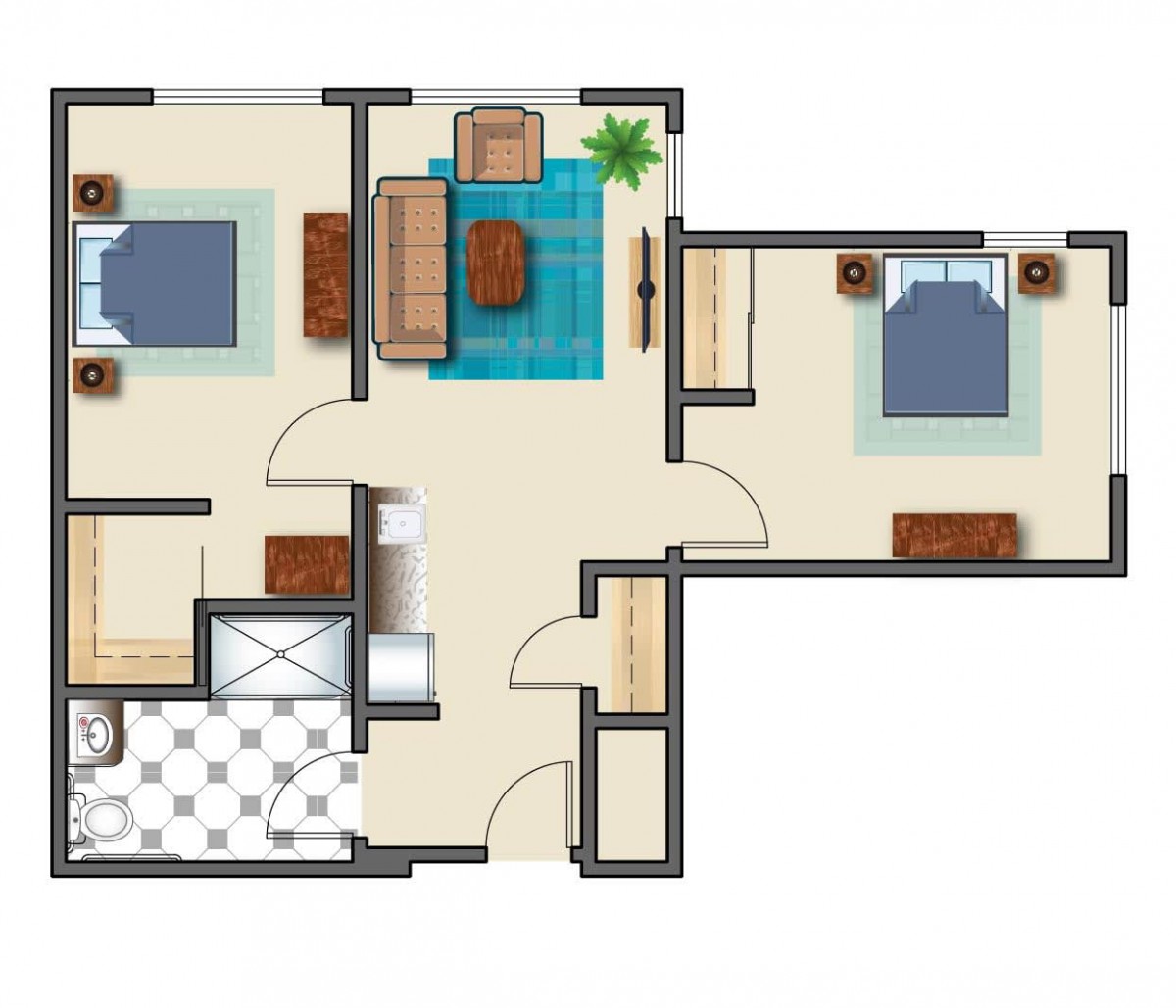 An apartment floor plan showing the layout of rooms including bedrooms, a living area, and a bathroom.
