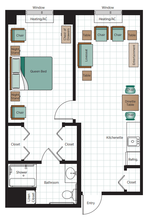A simple floor plan showing an apartment layout with a bedroom, living room, kitchen, and bathroom.