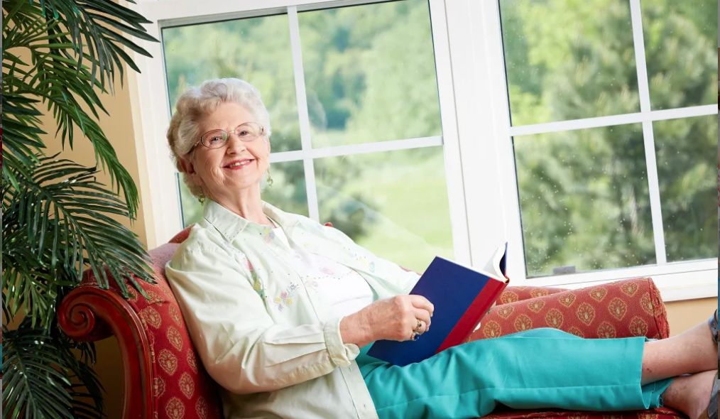 An elderly woman sitting by the window, enjoying a book.