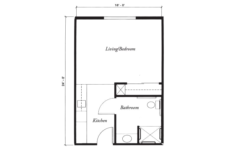 Small apartment floor plan with living room, kitchen, and bathroom layout.