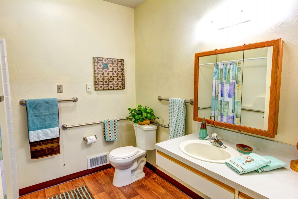 A cozy bathroom with a sink, toilet, and decorative elements like towels, a plant, and wall art.