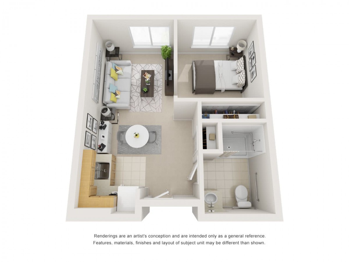 A 3D floor plan of a small apartment featuring a living area, kitchen, bedroom, and bathroom.