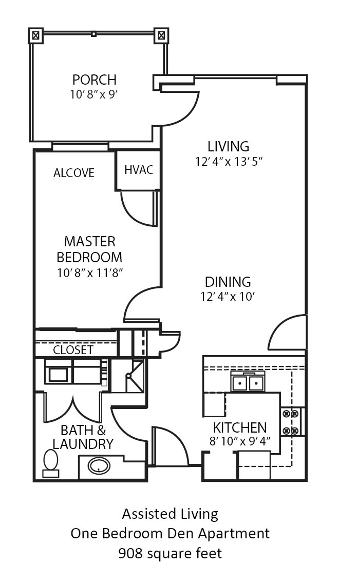 A floor plan of an apartment showing layout of rooms including living area, dining room, kitchen, master bedroom, bathroom, and laundry space.