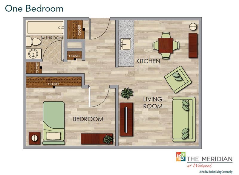 A one-bedroom apartment floor plan with a living room, kitchen, and bathroom.