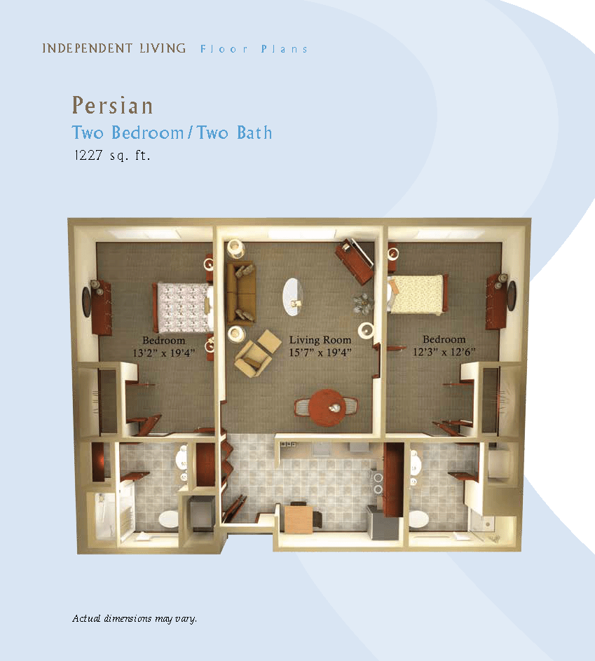 A floor plan of a two-bedroom apartment with two bathrooms.