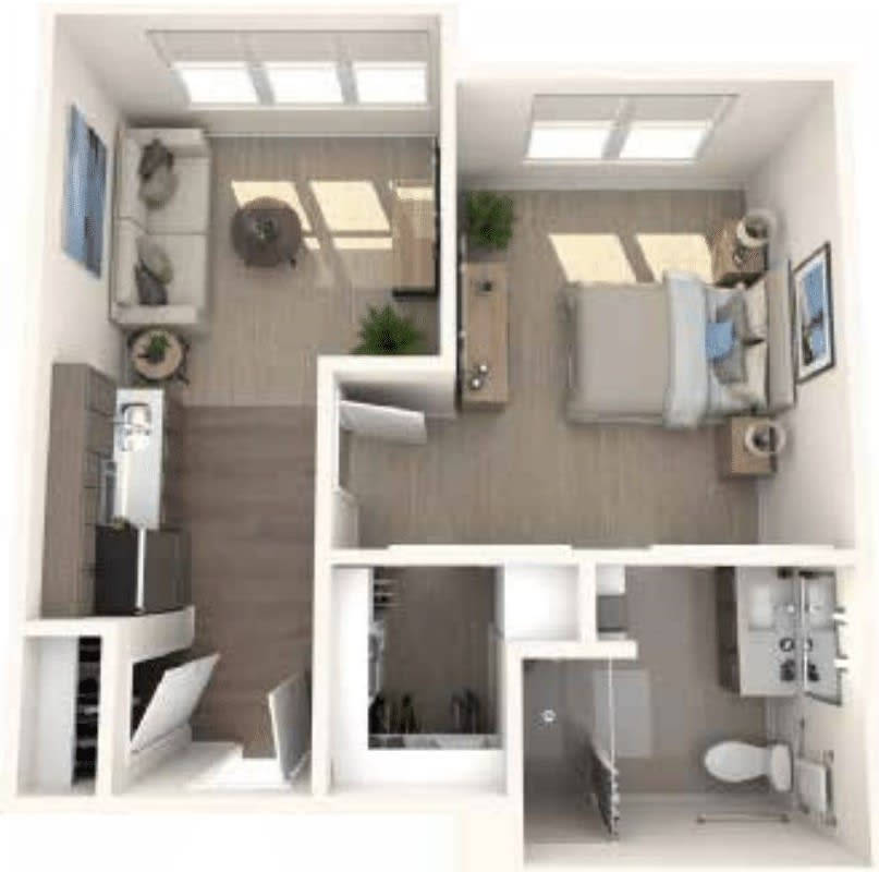 A 3D floor plan of a one-bedroom apartment featuring a living room, kitchen, bathroom, and bedroom.