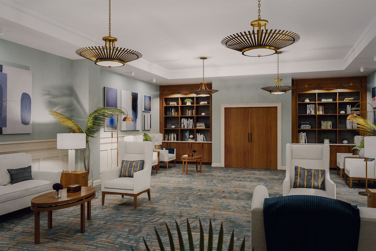 A modern and cozy living room with stylish lighting and comfortable furniture.