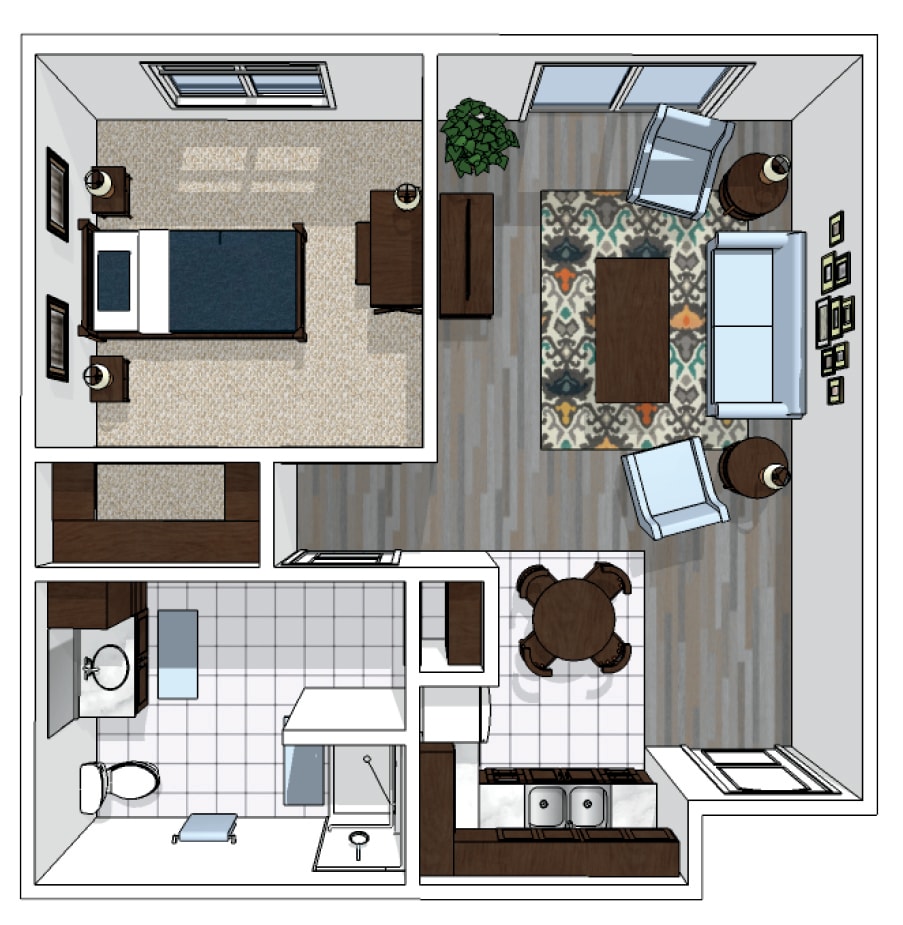 A detailed floor plan of a one-bedroom apartment featuring a living room, kitchen, and bathroom.