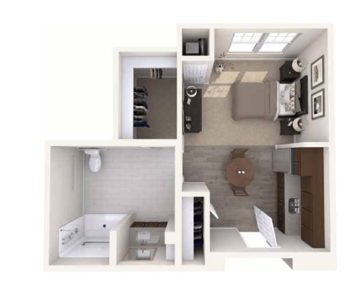 A compact one-bedroom apartment floor plan showcasing a living area, kitchen, bathroom, and bedroom.