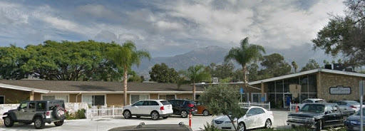 A view of a parking area with various vehicles, surrounded by palm trees and mountains under a cloudy sky.