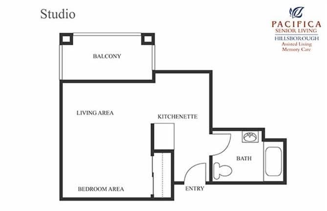 A floor plan of a studio apartment with a living area, kitchenette, bedroom area, bath, entry, and balcony.