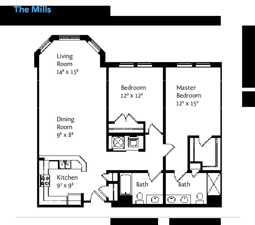 A floor plan of a two-bedroom apartment with a living room, dining area, kitchen, and bathrooms.