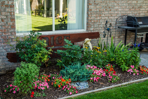 A vibrant garden scene featuring a variety of colorful flowers and lush greenery beside a home window.