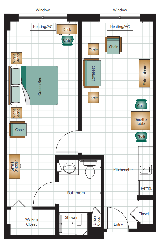 A floor plan depicting the layout of an apartment with a bedroom, bathroom, kitchen, and living area.