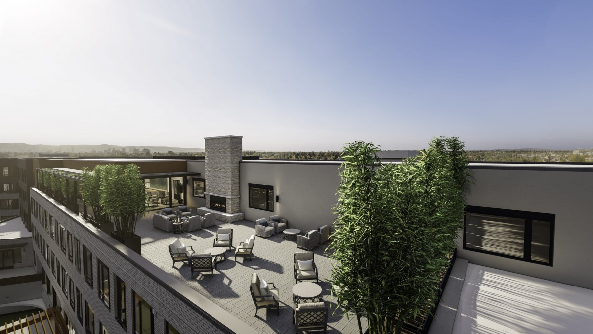 A modern rooftop with comfortable outdoor seating and lush greenery under a clear sky.